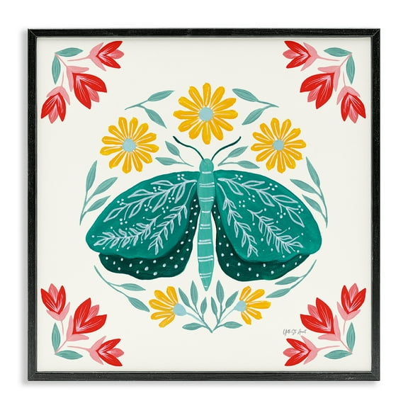 Stupell Industries Green Folk Butterfly Insects Painting Black Framed Art Print Wall Art, 12 x 12