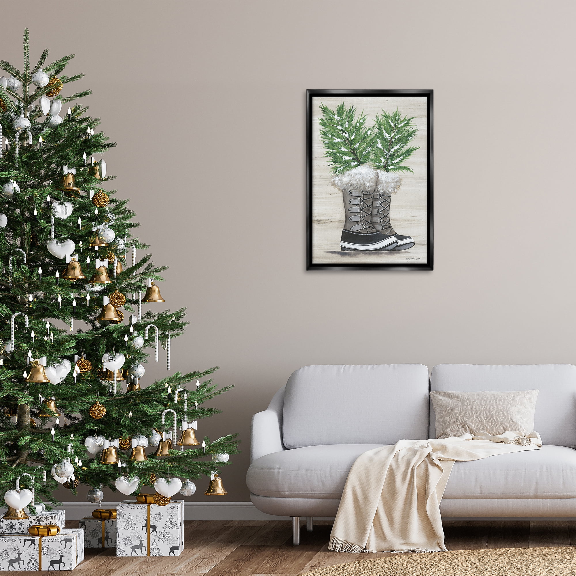 Stupell Industries Winter Sprigs in Boots Botanical & Floral Painting Black Floater Framed Art Print Wall Art, 21 x 31