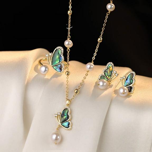 Brass Cubic Zirconia & Abalone Shell & Imitation Pearl Jewelry set Earrings & Necklaces & Rings Butterfly Aquamarine 450mm