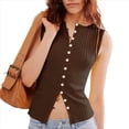 thumbnail image 2 of Camiseta Sin Mangas de Verano para Mujer, de Punto, con Cuello Redondo, Botones Delanteros y Canalé, Ajustada, Sin Mangas, Color Café, Talla L, 2 of 7