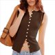 thumbnail image 2 of Camiseta Sin Mangas de Verano para Mujer, de Punto, con Cuello Redondo, Botones Delanteros y Canalé, Ajustada, Sin Mangas, Color Café, Talla M, 2 of 7