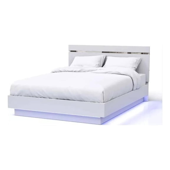 Pero Queen Size Bed-Chrome Accent Headboard-White LED Footboard