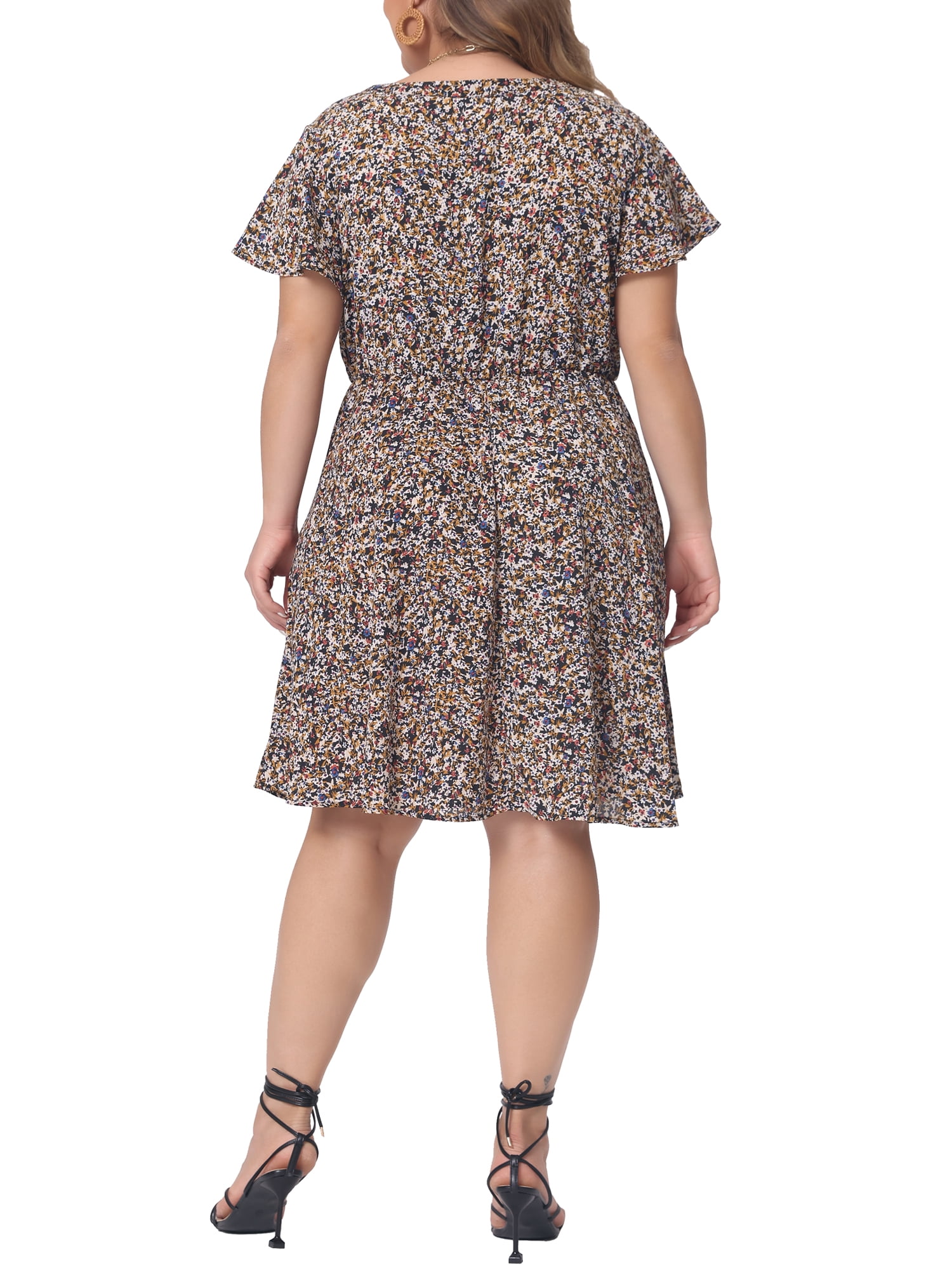 DARING DIVA Women's Plus Size Boho Floral Notched V Neck Ruffle Sleeve Dress 2X Black