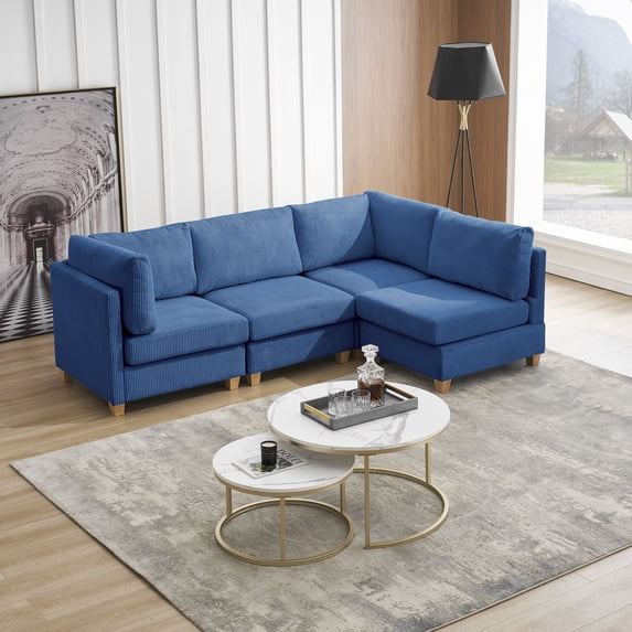Modern Free-Combination Sofa,Modular L-Shaped Couch with Cushion,Corduroy Fabric Convertible Sectional Sofa Set,Comfortable Couch with Sturdy Wooden Leg,Furniture for Living Room,Blue
