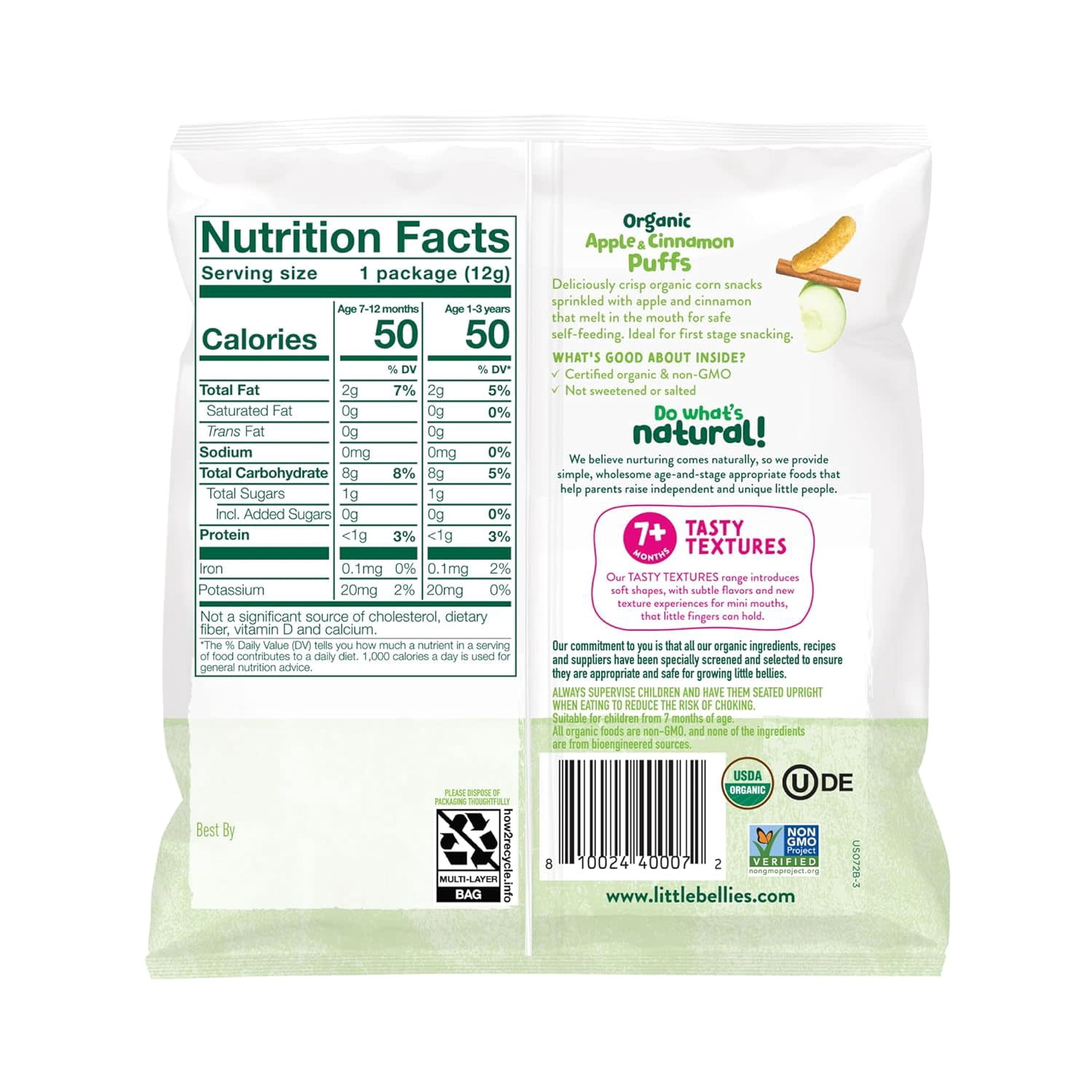 Little Bellies Organic Apple & Cinnamon Puffs 0.42 oz Bag, (9 Pack)
