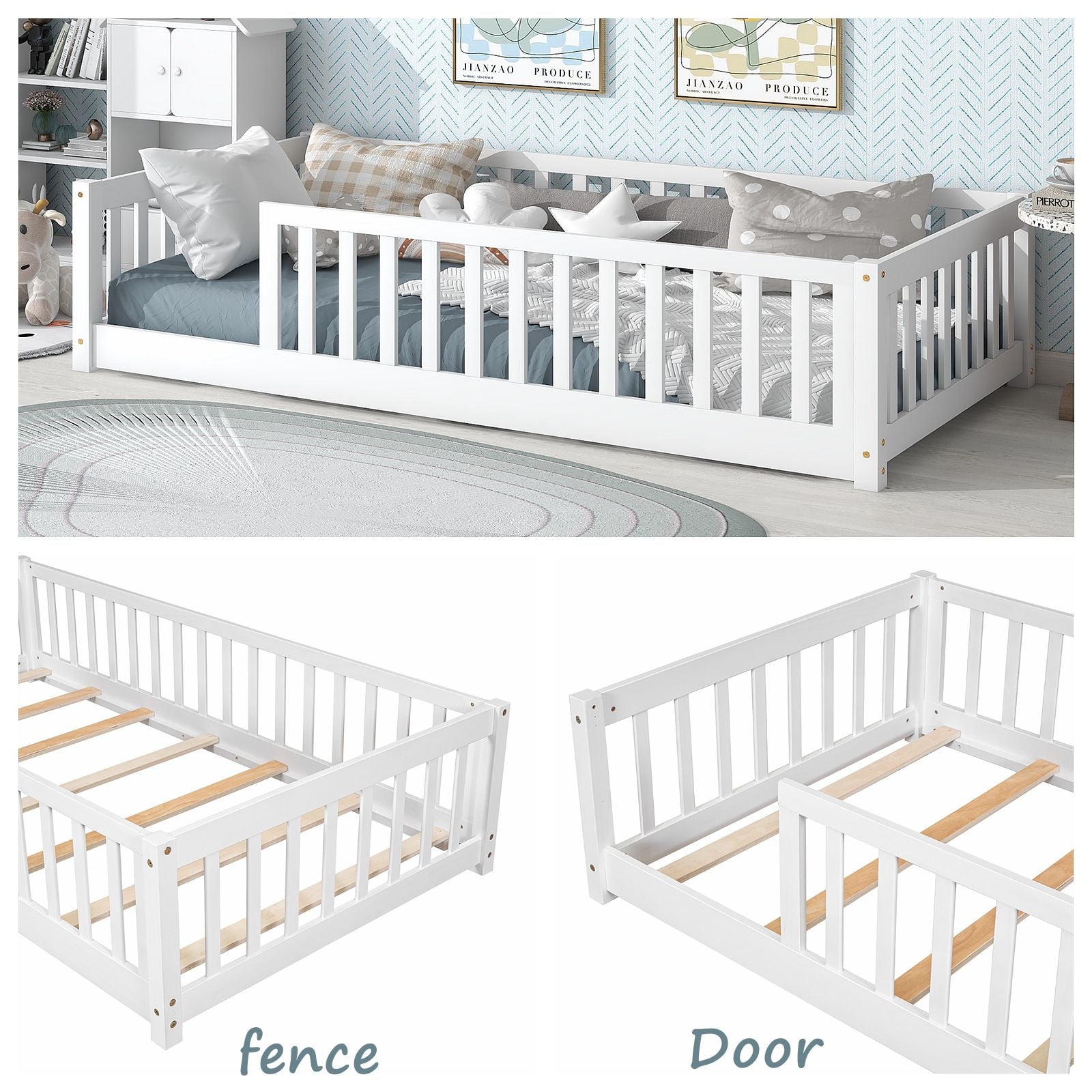 Twin Floor Bed with Fence for Kids, Solid Pine Wood Montessori Bed Frame with Guardrails and Slats System, Playhouse Design Platform Bed for Children Bedroom, Without Door, Easy Assemble,White
