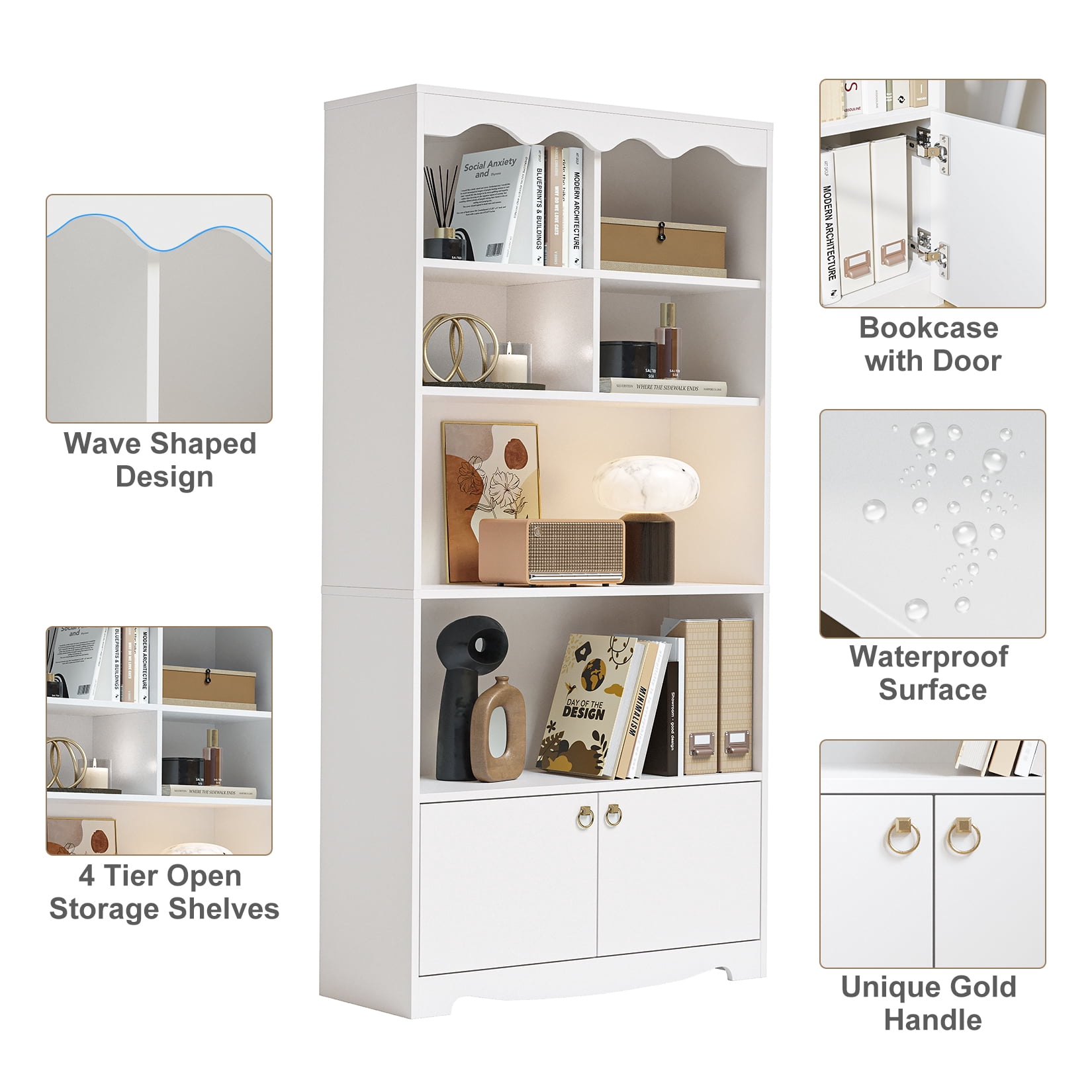 HOBLOC 5 Tier Bookshelf Bookcase with Cabinet Doors, 63 in Tall Wooden Bookshelves, Display Storage Shelves, Floor Standing Book Shelf Furniture for Home Office, Living Room, Bedroom, White