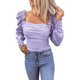thumbnail image 1 of ABPHQTO Top de mujer con mangas abullonadas y cuello cuadrado arrugado morado, 1 of 5