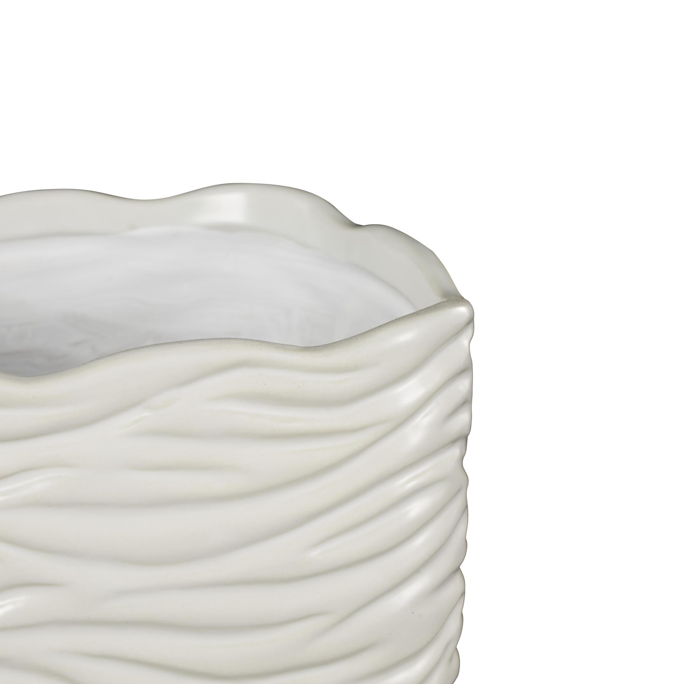 DecMode 7",6",5"H Wavy Ribbed White Ceramic Planter with Attached Saucer (3 Count)