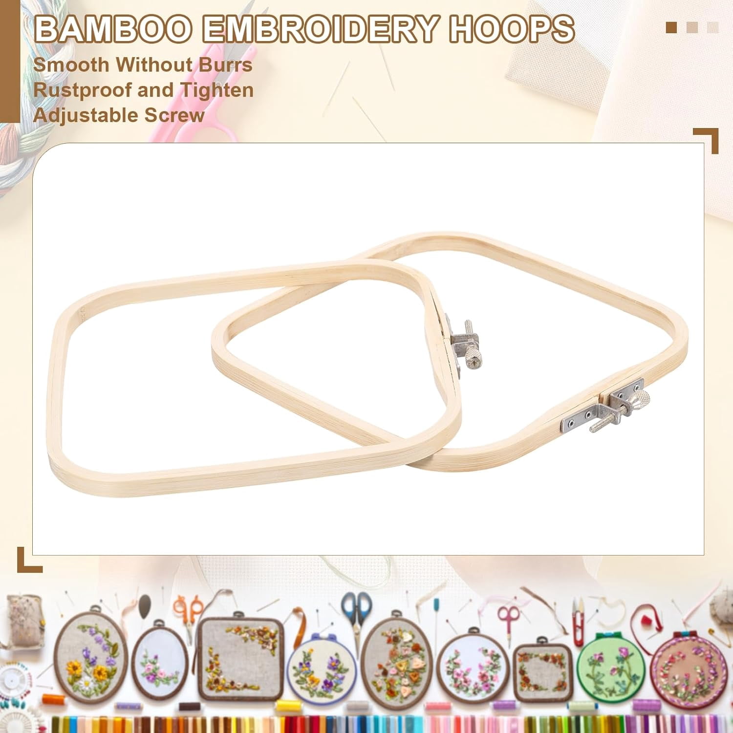 ABPETE Square Embroidery Hoops, Adjustable Bamboo Cross Stitch Hoops Ring Embroidery Frame Punch Needle Hoop for Sewing, Needlework, DIY( 6 Pieces 7.9" x 7.9" )