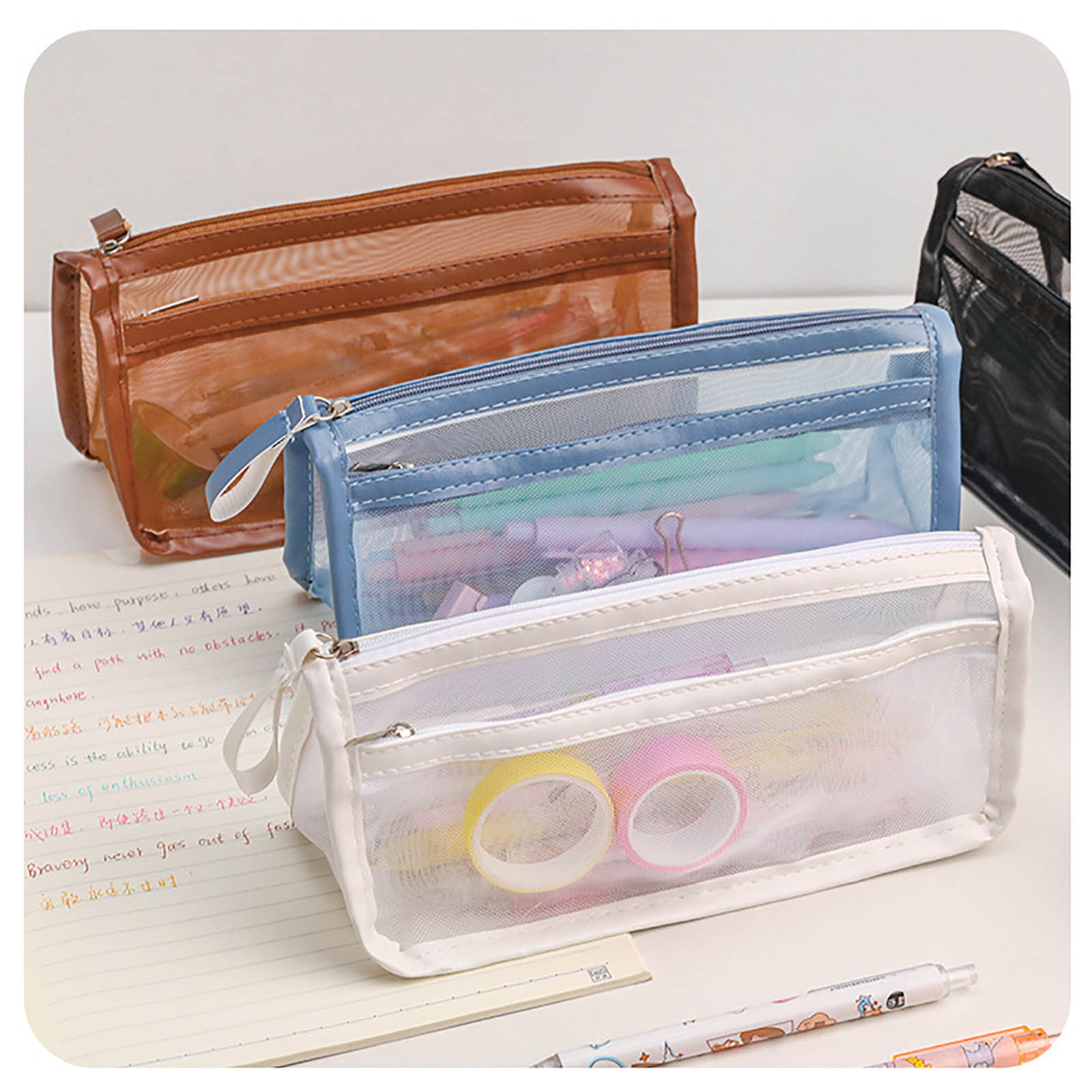 Contrast Color Pan Pencil Bag Pen Case Multi Layer Transparent Slot Mesh  Storage Pouch Organizer for Stationery School F7018