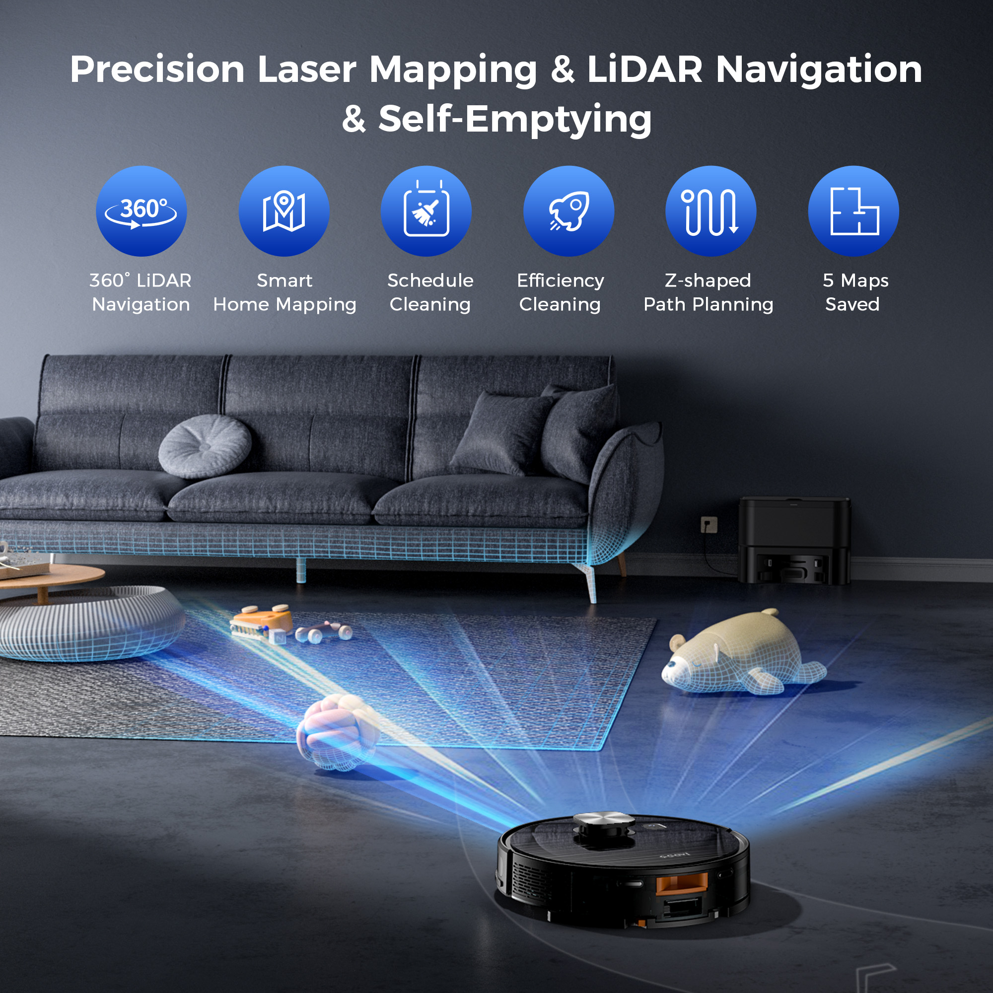 GOOVI Robot Vacuum and Mop 11500pa Suction Robotic Cleaner with Laser Home Mapping and 85 Days Self Empty Station Pet Friendly Anti-Tangle