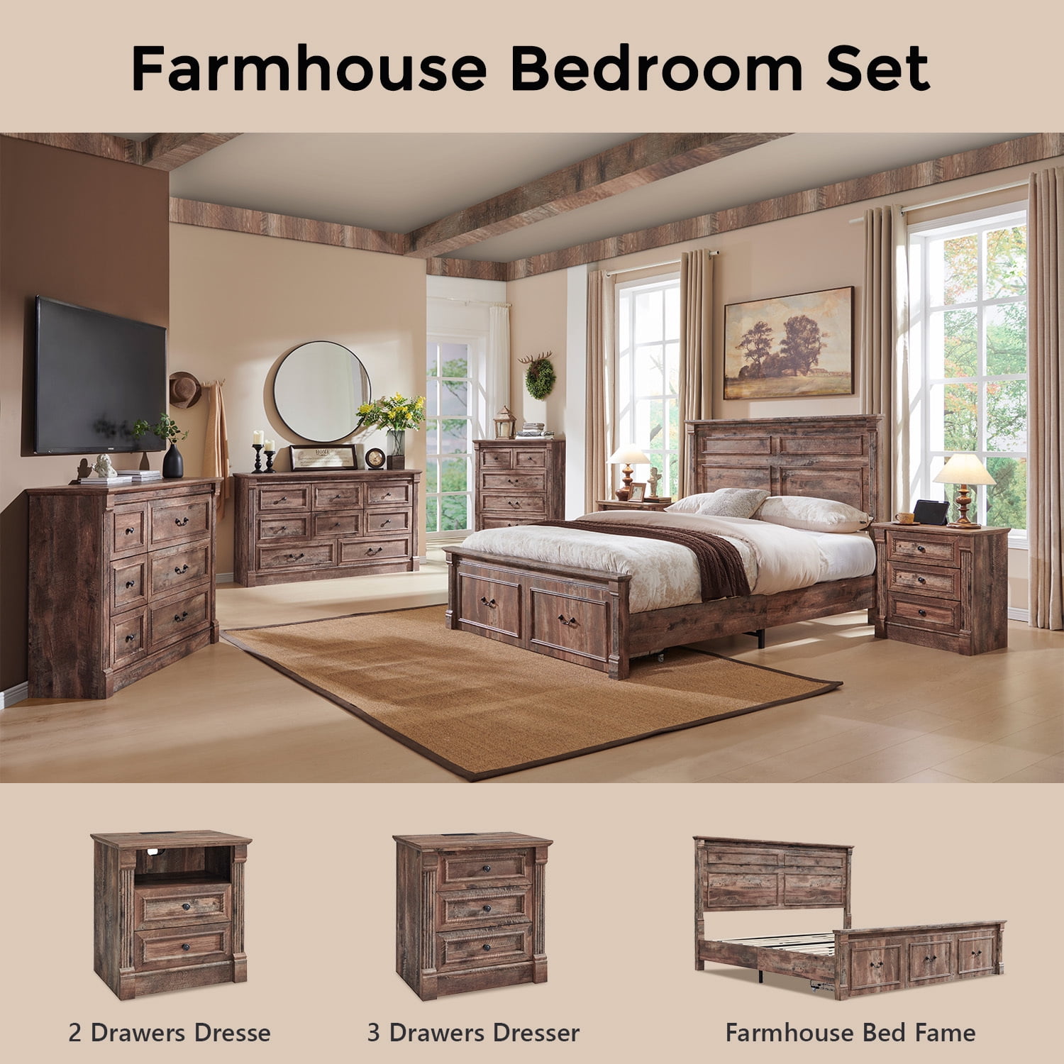 wow97e Farmhouse 3-Drawer Nightstand with Charging Station, Wood End Table with Roman Column for Bedroom, Light Brown