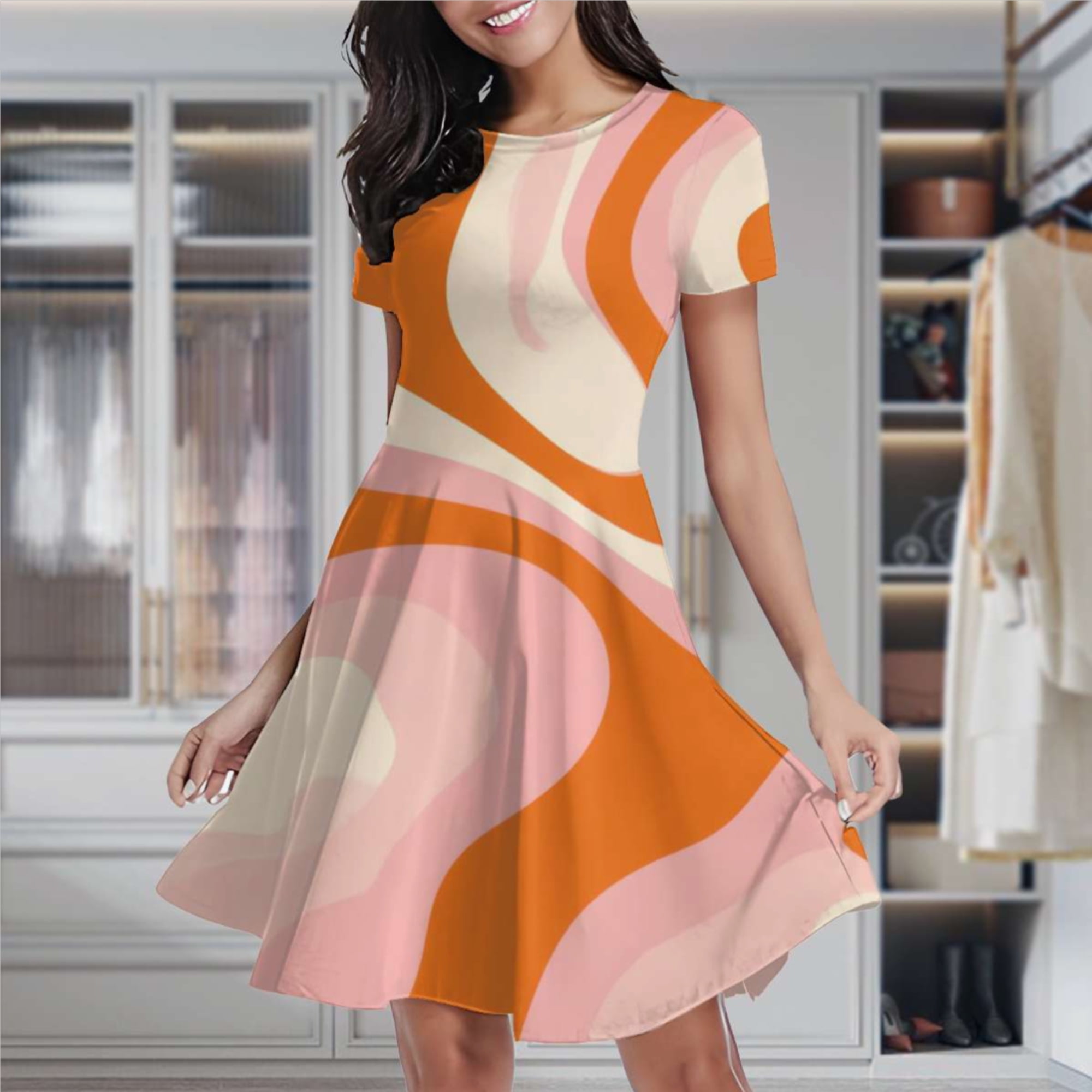 Cocktail Attire Swing Skater Dress Abstract Wavy Pink Orange Lines Women's  Classic Swing Skater Dress Casual Work Party Cocktail Dresses