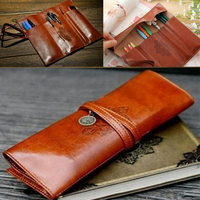 Estuche para lápices de cuero sintético con vendaje Retro, estuche para lápices, estuche para maquillaje, estuche enrollable de estilo Vintage, estuche para lápices