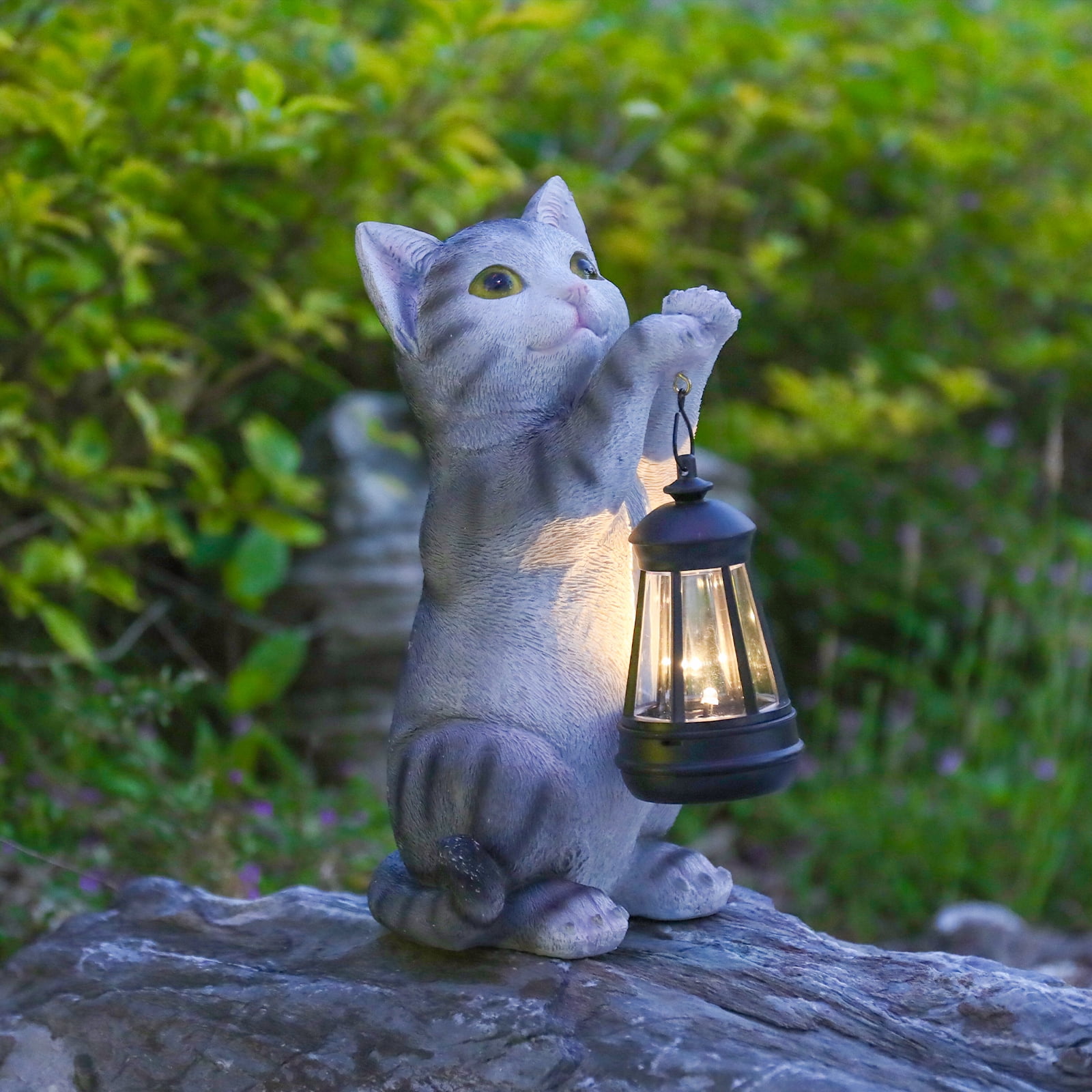 Solar Garden Outdoor Statues Cat with Solar Lantern,Outdoor Cat Figurines Decorations,Lawn Decor Rabbit Statue for Patio, Balcony, Yard Ornament,Unique Housewarming and Birthdays Gifts for Mom Women