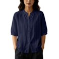 thumbnail image 2 of Uootdi Linen Tops for Women Mandarin Collar Half Sleeve Floral Embroidered Stripe Womens Tops Relaxed Fit Lightweight Womens Shirts for Women, 2 of 6
