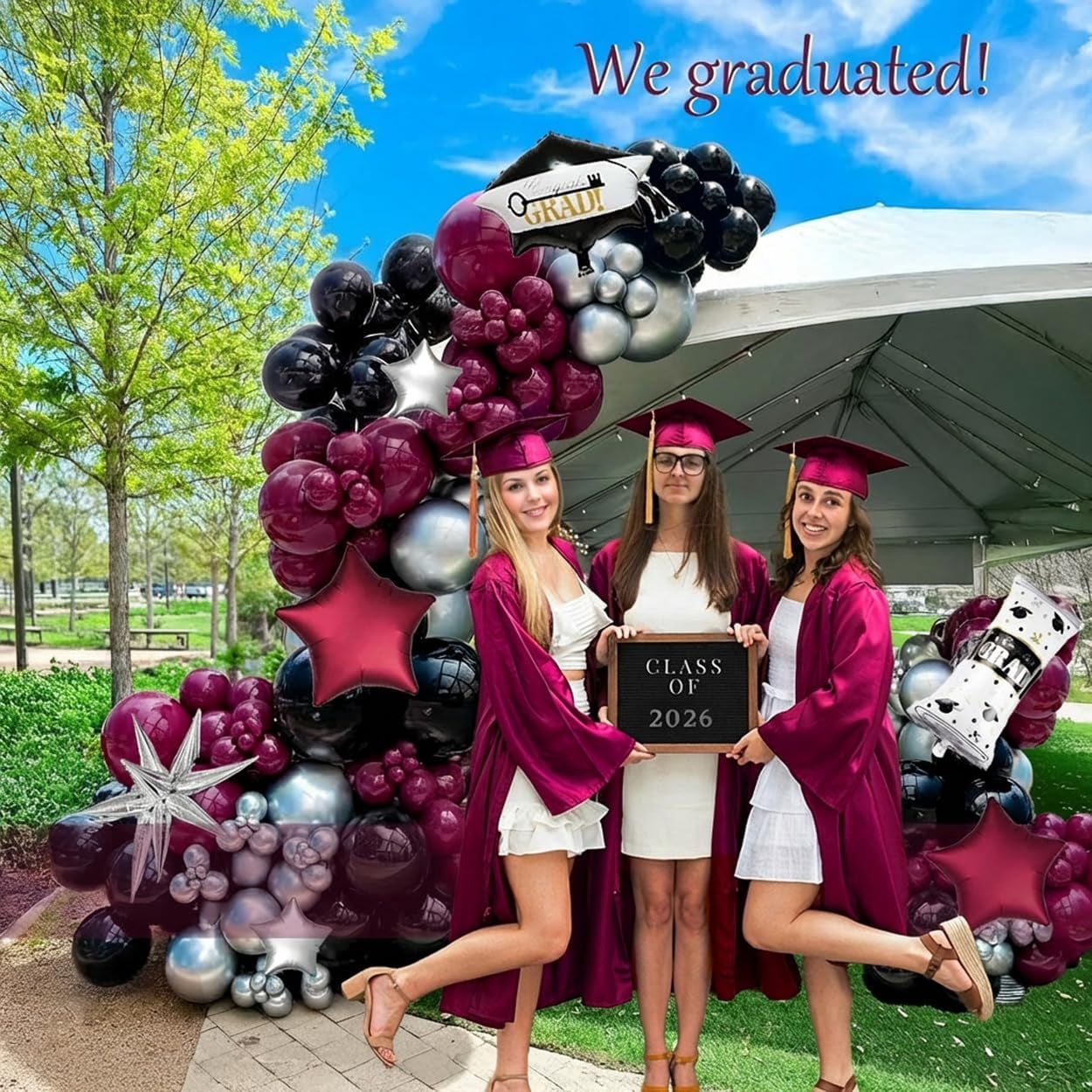 130 Pcs Maroon Black Silver Balloon Arch Kit with GRAD Letters & Graduation Cap Foil Balloons Star Accents for Senior Night Decorations Class of 2026 Prom Party Supplies