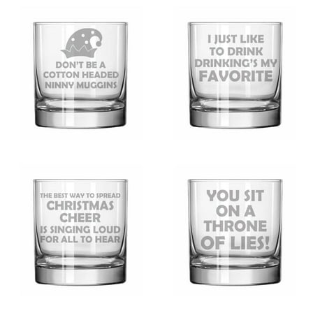 Set of 4 Glass 11 oz Rocks Whiskey Old Fashioned Christmas Collection 2 Elf Hat