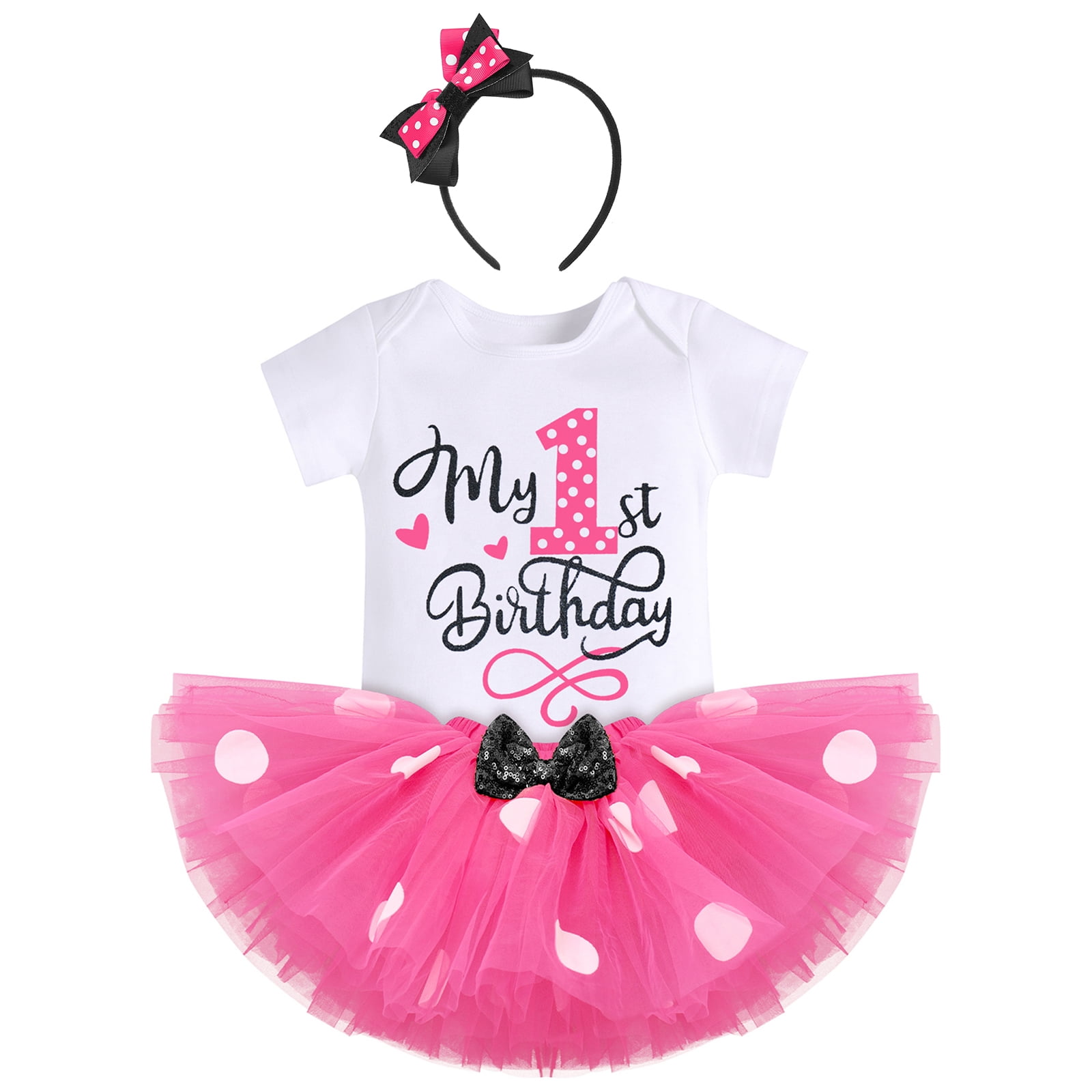 IBTOM CASTLE Toddler Baby Girls 1st 2nd Birthday Outfit Mini Polka Dots Romper Tutu Dress Mouse Ears Headband Princess Skirt Set for Photo Shoot 1 Year Hot Pink