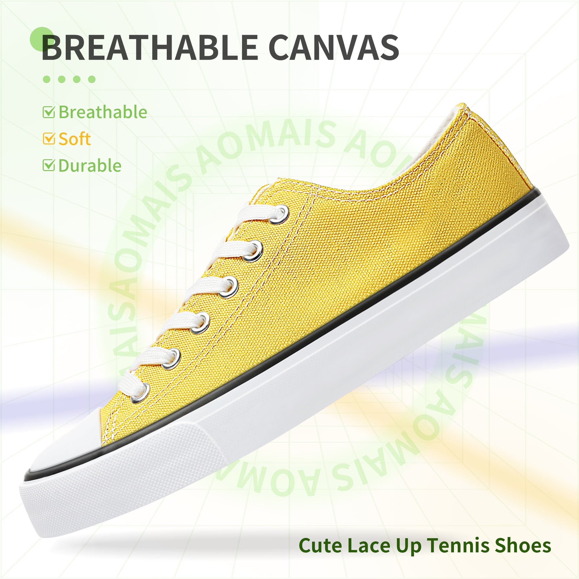 AOMAIS Womens Canvas Fashion Sneakers Classic Low Top Fabric Shoes Casual Walking Canvas Flats Cute Lace Up Tennis Shoes for Lady(Yellow US8)