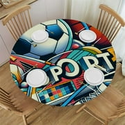 PIKWEEK Sports Pattern Soccer Basketball Football Round Fitted Tablecloth Elastic Edge Waterproof Oil-Proof Table Cover Stain-Resistant Table Cloth Fits Round Tables