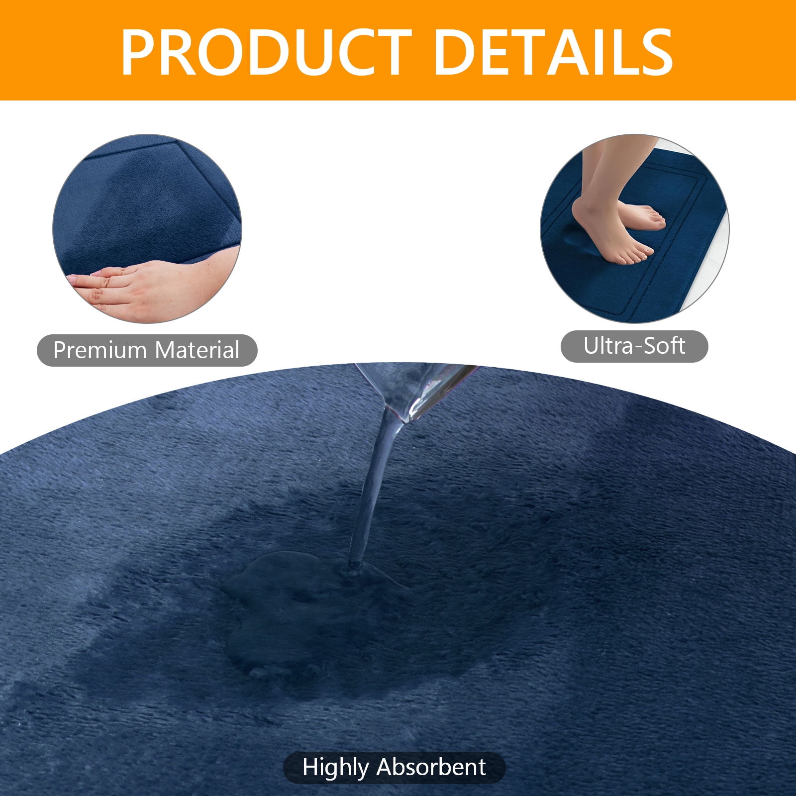 Tripumer 3 Pcs Navy Blue Memory Foam Bath Mat Set Bathroom Rugs Set U Shape Toilet Mats for Toilet Shower Sink