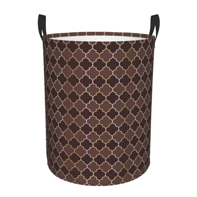 Balery Brown Gold Grid Cesta de ropa redonda con asas, impermeable, independiente, para ropa, juguetes, dormitorio y familia-Medium