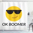 thumbnail image 1 of OK Boomer Shower Curtain, Funny Graphic with Meme Phrase and Emoji Face with Sunglasses, Fabric Bathroom Set with Hooks, 69W X 75L Inches Long, White Dark Grey and Yellow, by Ambesonne, 1 of 3