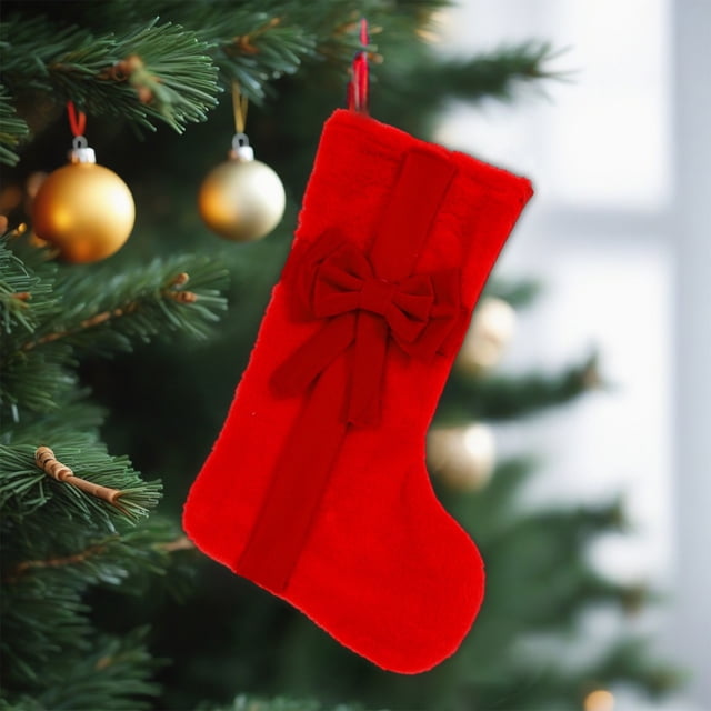 Herunwer Christmas Flocked Fabric Stocking Bow Gift Bag Crafts Fireplace Wall Hanging Decorations