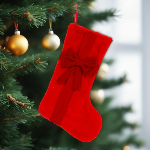 Calcetín navideño de tela flocada con lazo, bolsa de regalo, manualidades, decoración para colgar en la pared de la chimenea