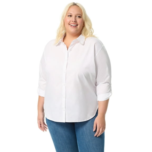 Gloria Vanderbilt Swan Series Women's Plus Amanda Shirt with Embellished Collar, Sizes 0X-4X