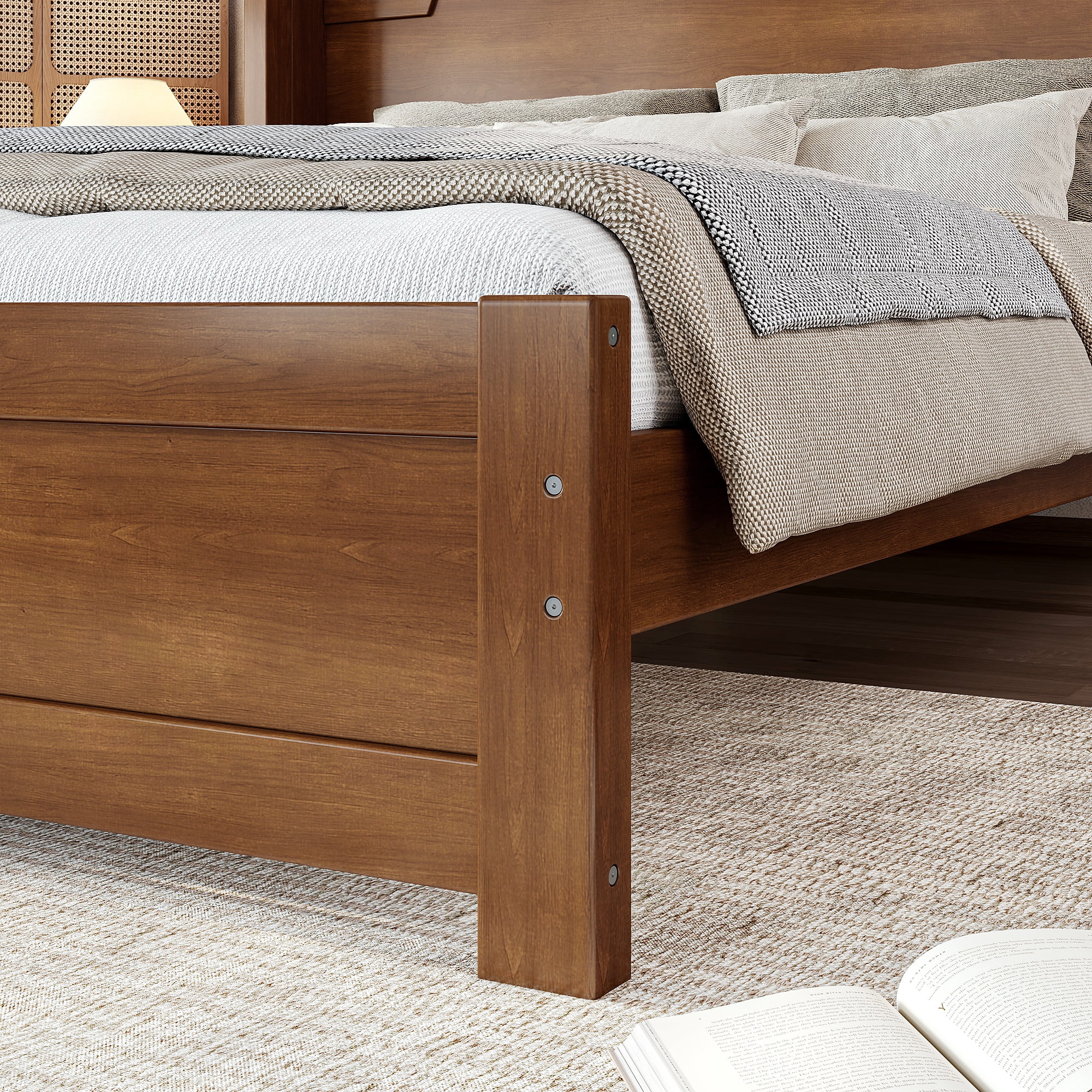 GARITIN Queen Solid Wood Platform Bed with Headboard, Brown Finish & Minimalist Design, Easy Assembly, No Box Spring Needed Traditional Wood Bed Frame, Brown