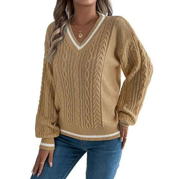 Women'S Long Sleeve V Neck Cable Knit Sweater 2025 Fall Pullover Top Cute Soft Dressy Casual Outfits Khaki S
