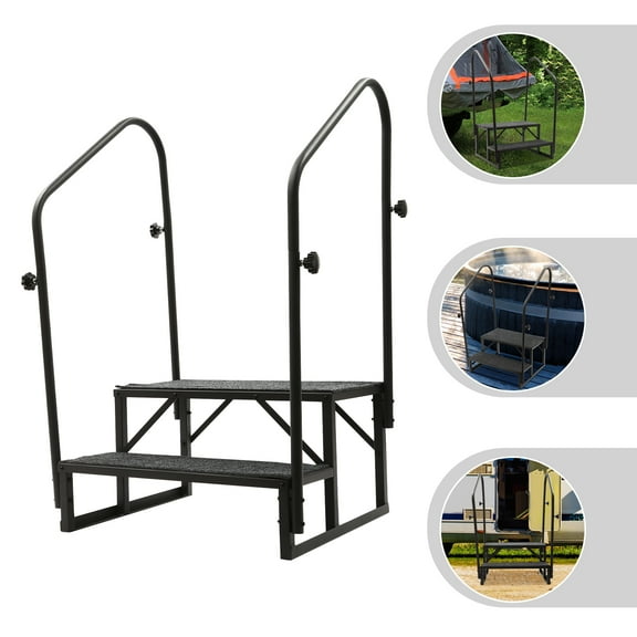 Black Steel 2 Steps Handrail Hand Rail Stair For RV Exterior Steps Camper Steps