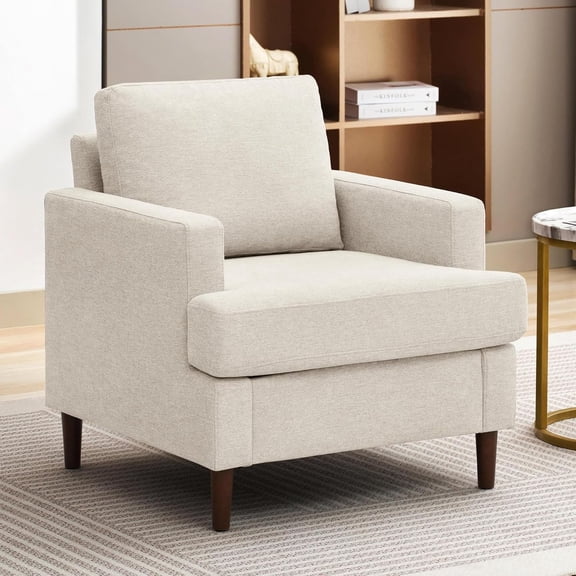 Mid-Century Accent Chair,Modern Linen Fabric Armchair for Living Room,Comfy Upholstered Reading Accent Chairs for Bedroom,Single Sofa Chair with Wood Legs, Beige
