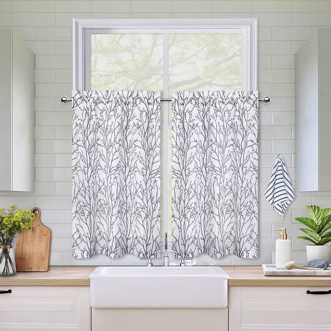GlowSol Tree Branch Kitchen Curtain 24 inches Farmhouse Light Filtering Tier Curtains for Cafe