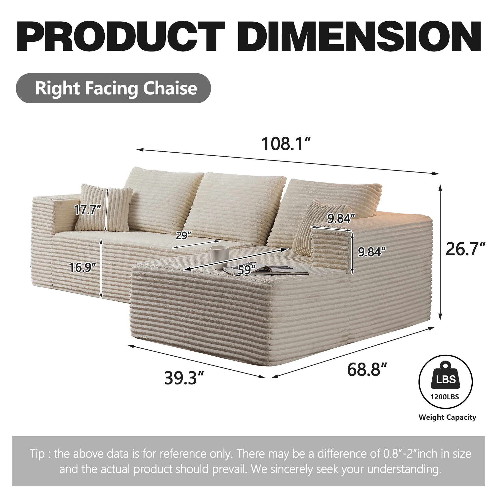 LIAROO 108" Modular Sectional Sofa, Cloud L-Shape Couch with Deep Seats and Chaise, Modern Upholstered Compression Sofa for Living Room or Bedroom, Right Facing Chaise, Beige (Includes 2 Packages)