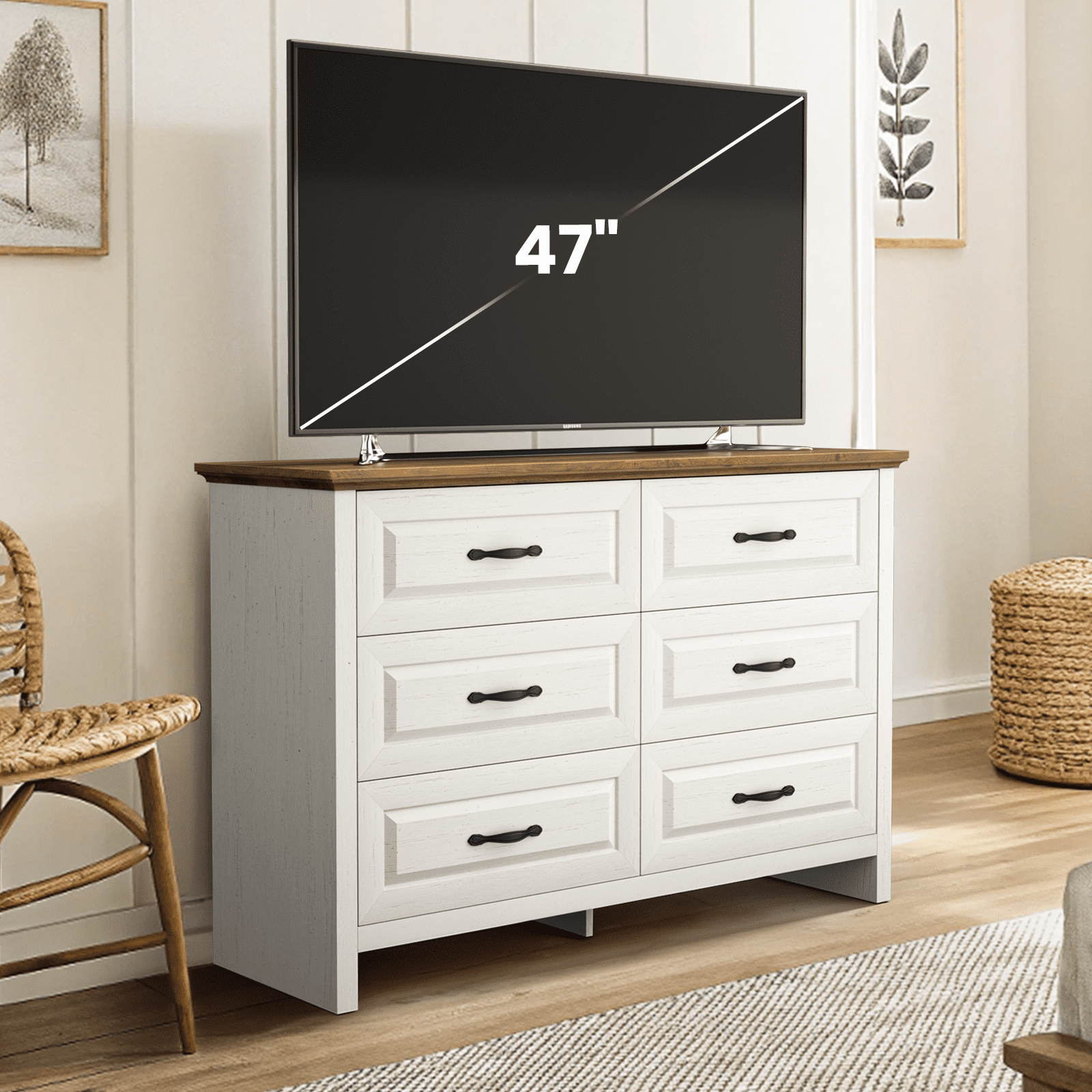 CHITOOMA 6 Drawer Double Dresser, 47.2" Adult Wood Storage Side Cabinet Chest of Drawer for Bedroom Living Room Hallway, White & Brown