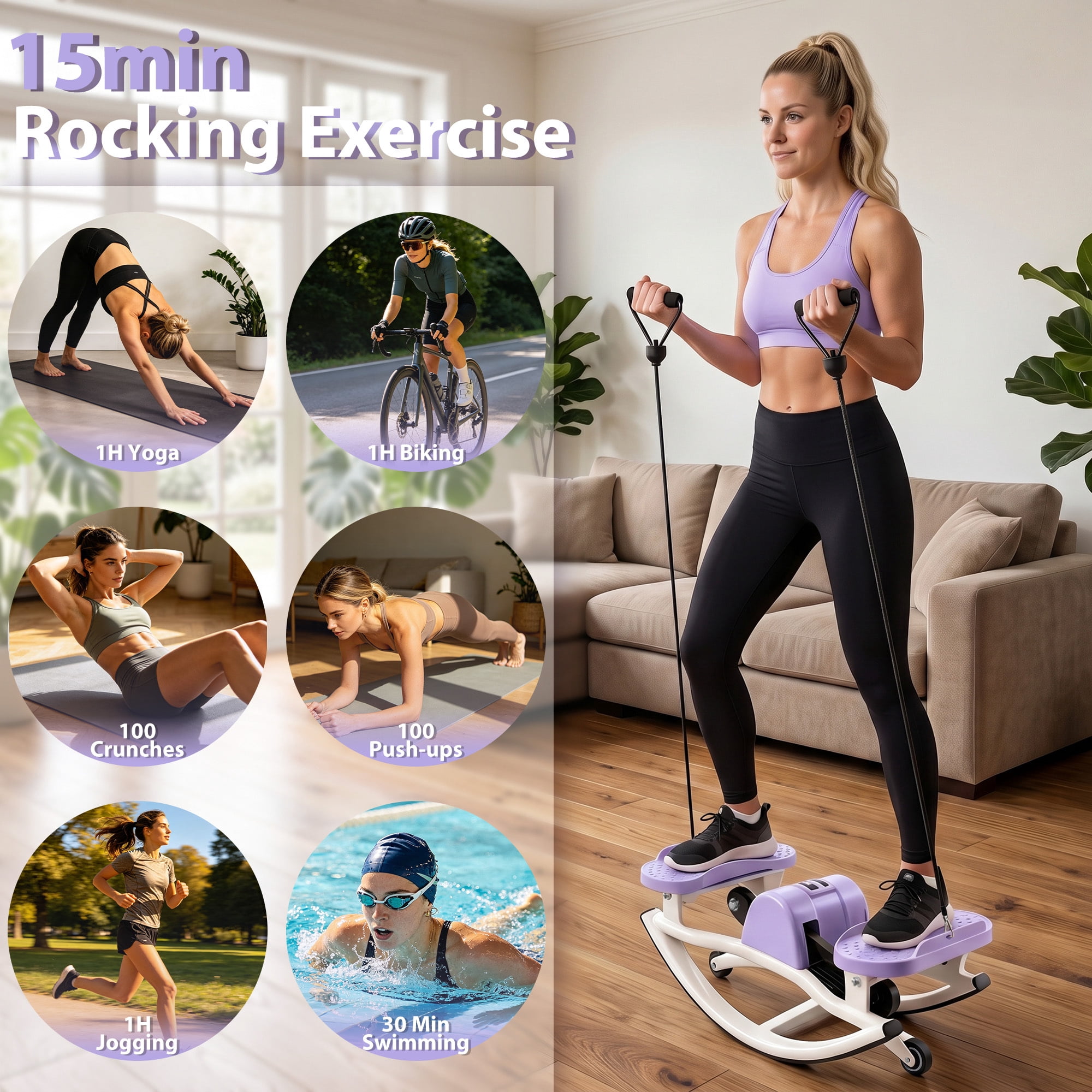 Leumius Rock Stepper for Exercise,Side-to-Side Stepper Machine with Resistance Bands & Digital Display,Foldable Mini Stepper for Home Workout,Purple
