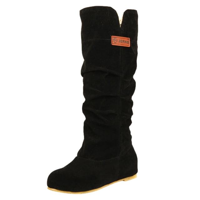 jovati Bottines Rétro pour Femmes en Flocage, Couleur Unie, Plates, à Enfiler, Mi-Mollet, Bout Rond