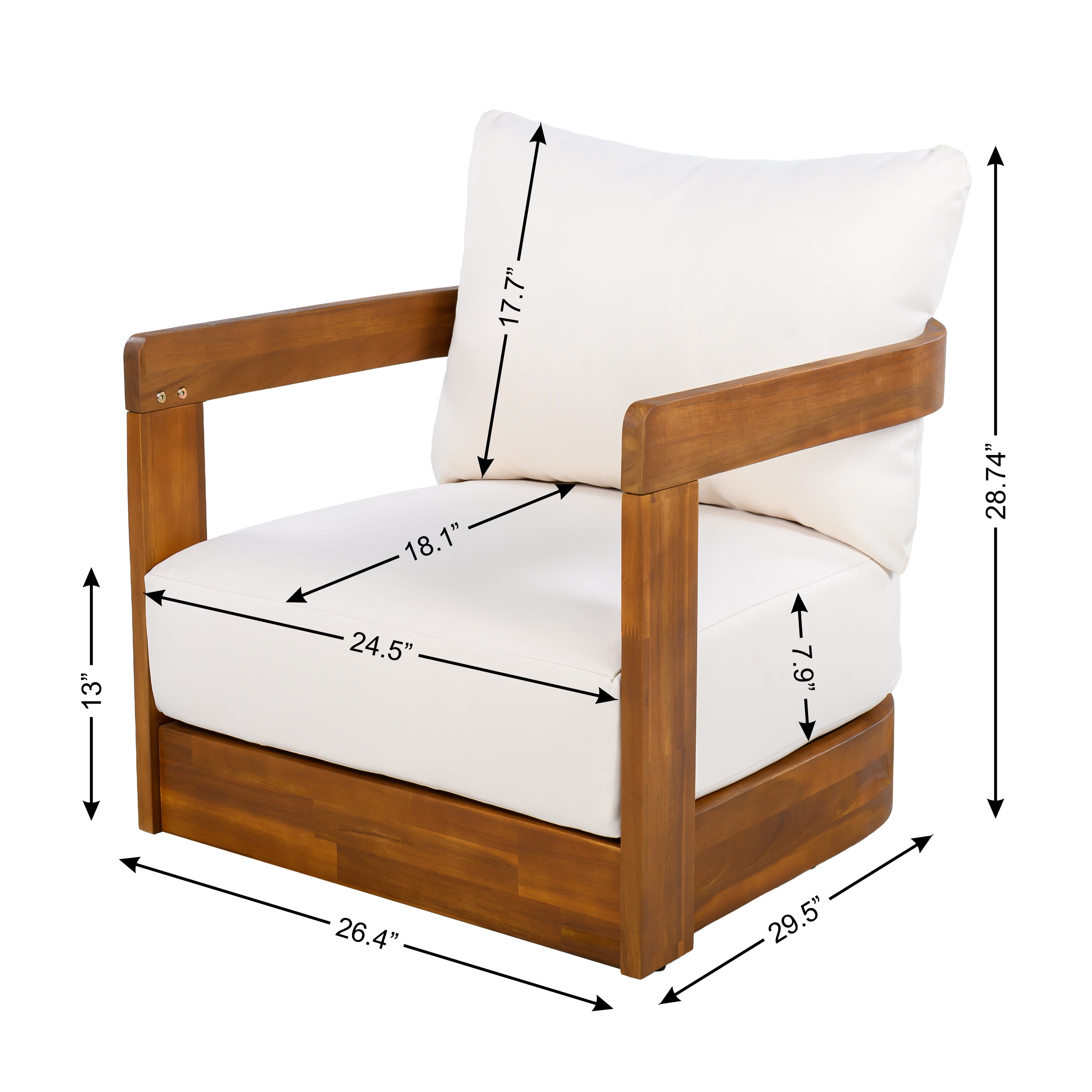Tub Style Club Chair, Acacia Wood Outdoor Chair with Water-Resistant Cushions for Patio, Teak and Beige