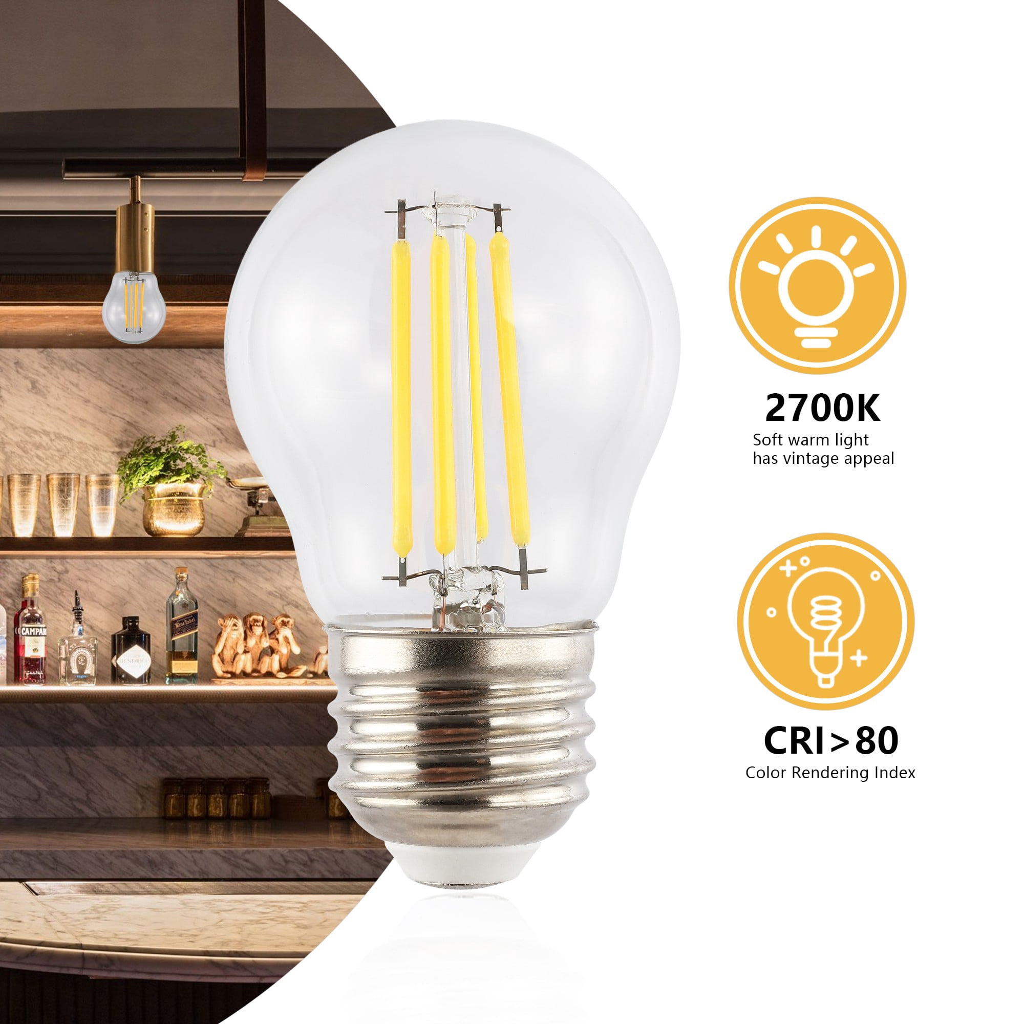 Classic Non-Dimmable G45-4W LED Edison Bulbs with E26 Base, 80+ CRI, Warm White 2700K, 420 Lumens, Clear (Pack of 6)