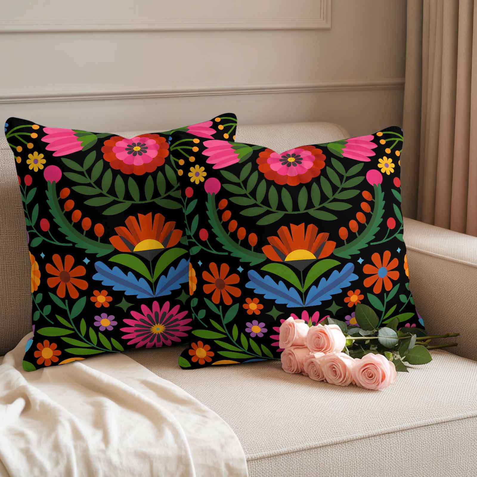 Bohemian Outdoor Waterproof Pillow Covers, Red Green Tribal Mexican Abstract Flower Decorative Square Throw Pillowcase Sofa Cushion Sham for Patio/Couch/Chair, 18"x18" 2 Pack