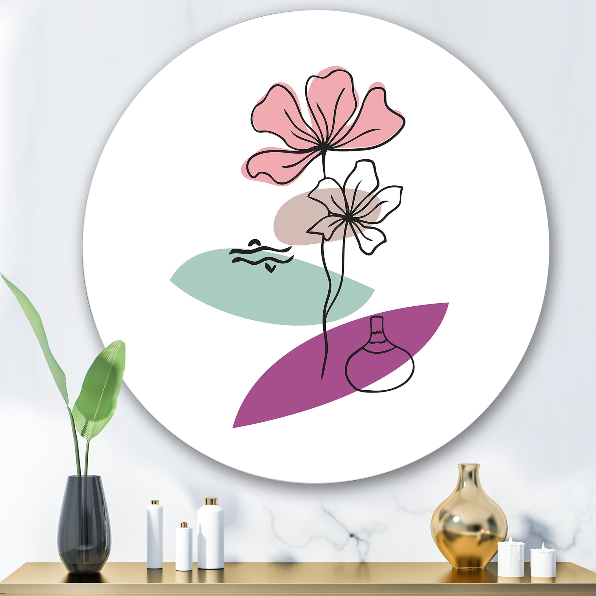 Designart 'Abstract Flowers Plants With Elementary Shapes IV' Modern Circle Metal Wall Art 36x36 - Disc of 36