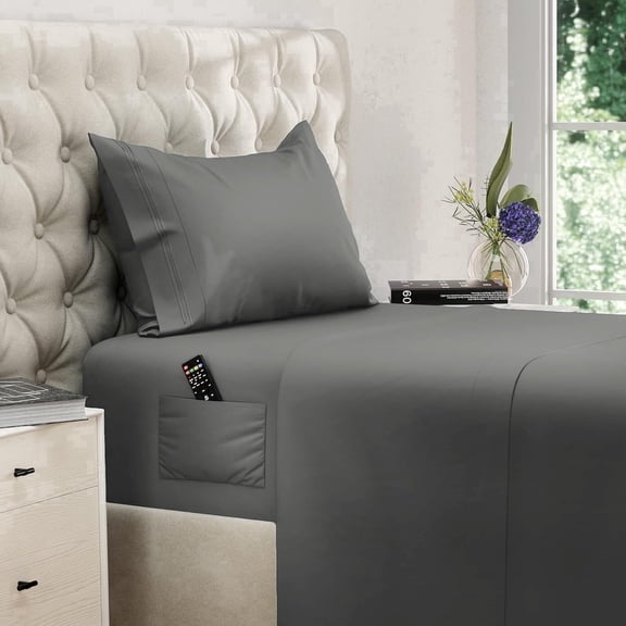 Twin Size Sheet Set, Soft Microfiber 3 Piece Hotel Luxury Bed Sheets with Deep Pockets, Embroidered Pillow Case, Side Storage Pocket Fitted Sheet, Flat Sheet (Gray)