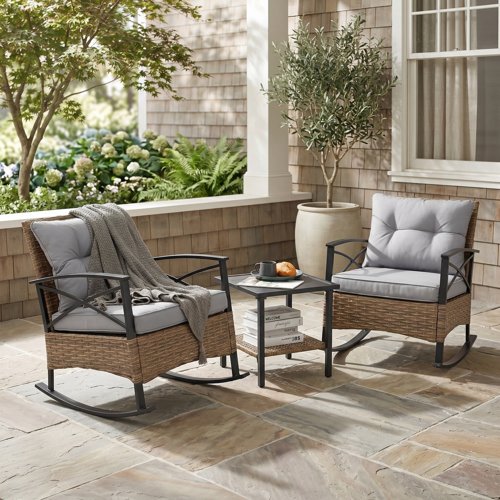 Sailvan 3 Piece Outdoor Chair Set, Wicker Leisure Rocking Patio Furniture Set with Side Table