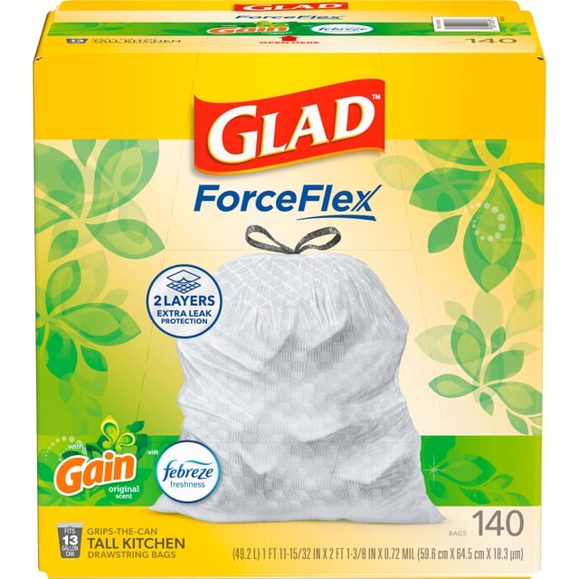 Bolsas de basura Glad ForceFlex Tall Kitchen, 13 litros, 140 unidades, ganancia