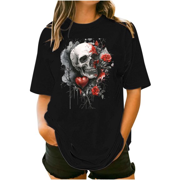 Sexlip Womens Swimsuit Set Dripping Rose Skull Print Cover Up Design Crew Neck Short Sleeve Casual Silhouette Breathable Fabric for Casual Beach Days Black XL