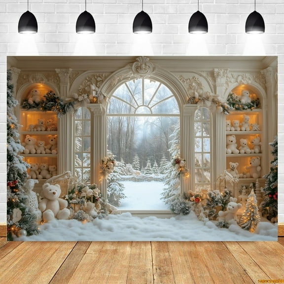 Christmas Toy Bears Gifts Room Backdrop Kids Baby Show Wood Bookshelf Window Winter Family Photography Backdrop Photobooth